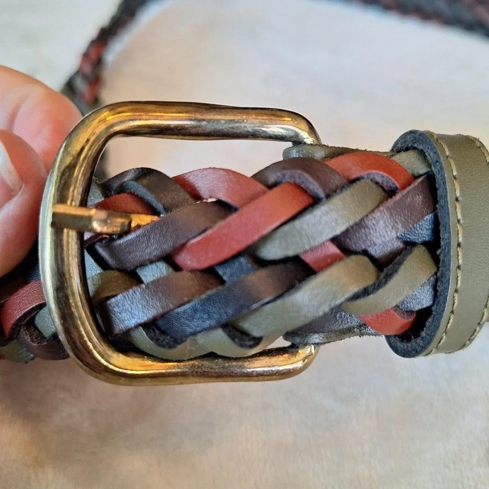 Genuine Leather Braided Belt Womens Med Navy Multicolor Woven Made In Argentina
